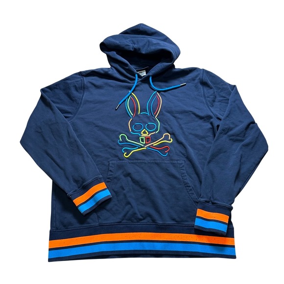 Psycho Bunny Other - Psycho Bunny Mens XL Navy Blue Rainbow Logo Striped Pullover Hoodie Sweatshirt